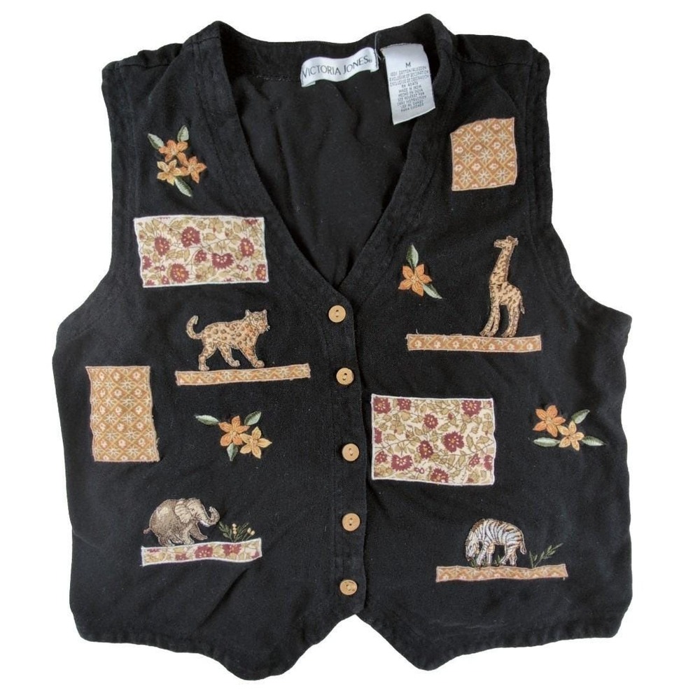 Vintage 1980s Embroidered‎ Vest Jungle Beaded Floral Size M Victoria Jones